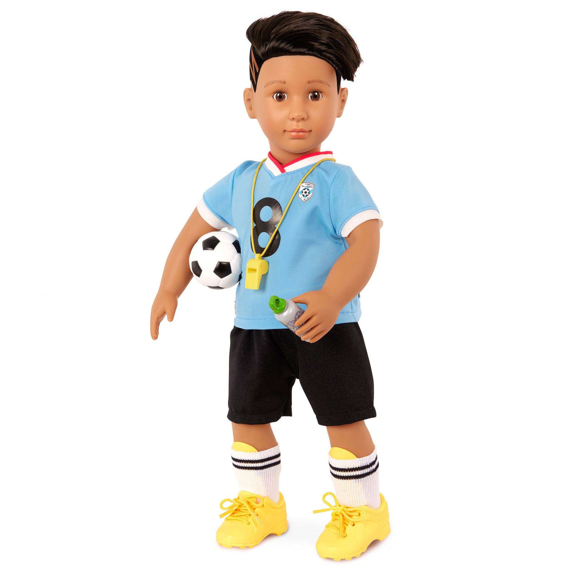 18-inch Our Generation Mateo Boy Doll wearing a football jersey, with training accessories and unique hairstyle.