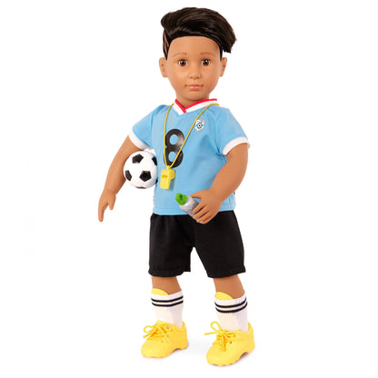 18-inch Our Generation Mateo Boy Doll wearing a football jersey, with training accessories and unique hairstyle.