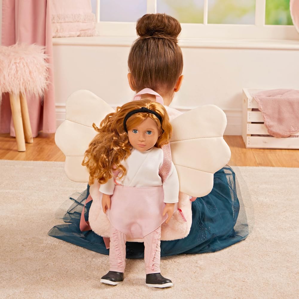 Our Generation 18-inch doll carrier backpack in pink with adjustable straps and interior storage pockets for kids.