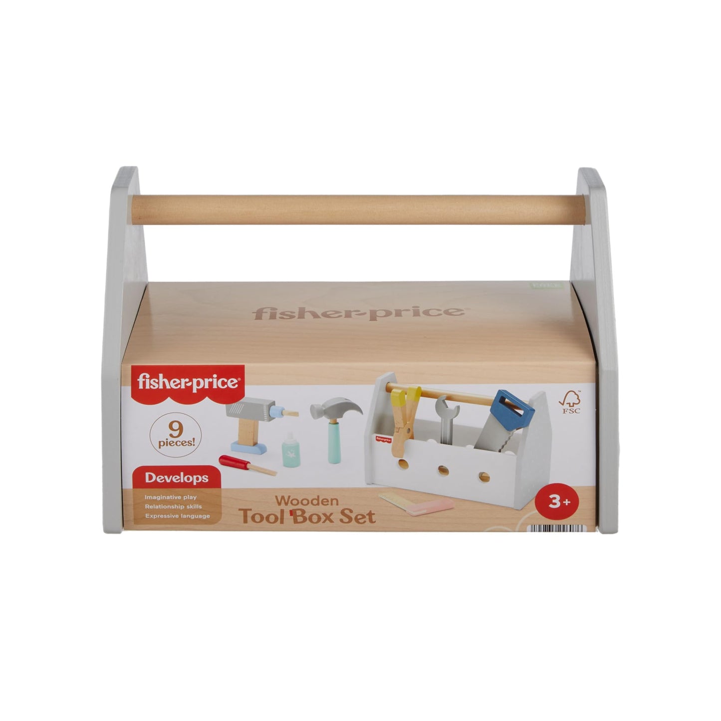 Fisher-Price wooden pretend play tool box with drill and construction tools, 9-piece set for preschool kids ages 3 and up