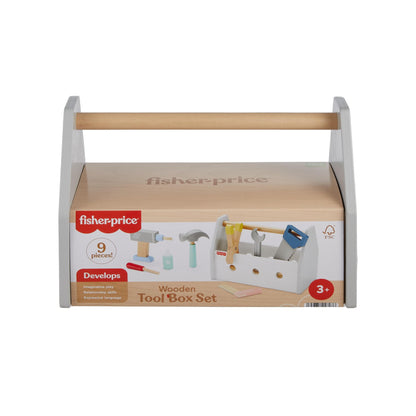 Fisher-Price wooden pretend play tool box with drill and construction tools, 9-piece set for preschool kids ages 3 and up
