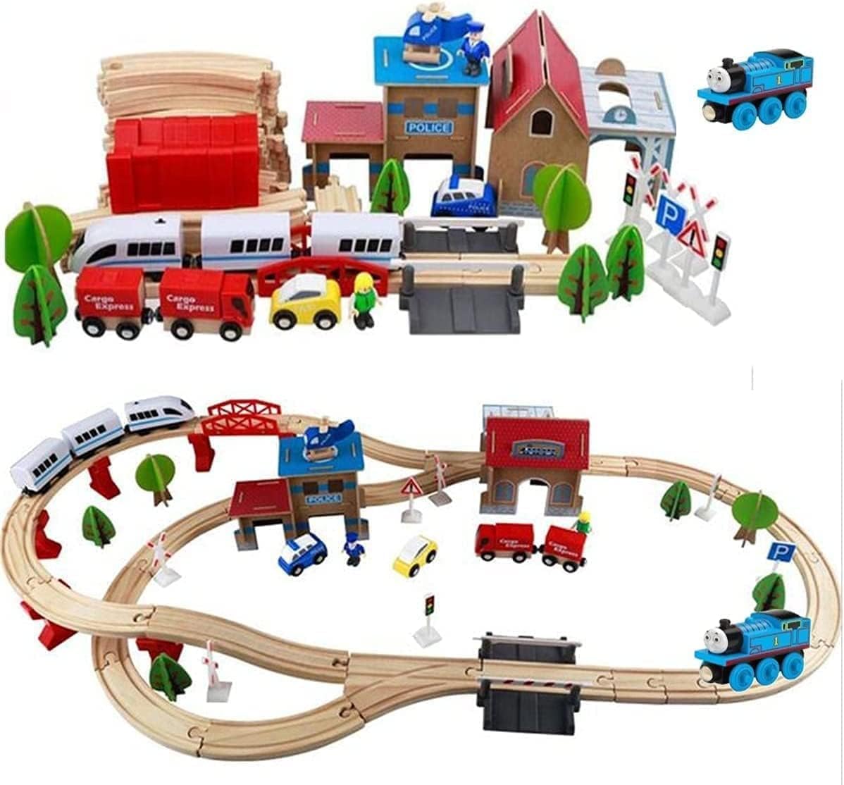 Set of 88 wooden train tracks and train station accessories from WY8, featuring electric train and Thomas for kids aged 3+ years.