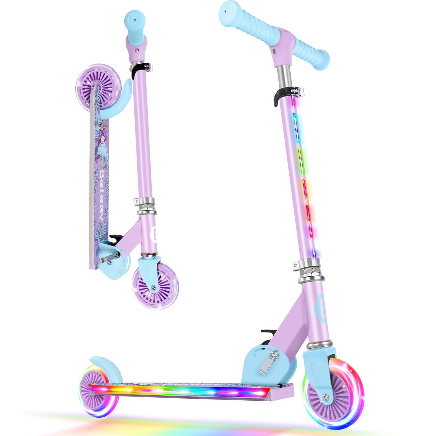 BELEEV V2 kids' scooter with light-up wheels, adjustable stem, non-slip deck, folding design, suitable for children ages 3-12.