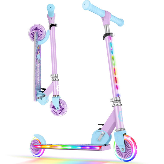 BELEEV V2 kids' scooter with light-up wheels, adjustable stem, non-slip deck, folding design, suitable for children ages 3-12.