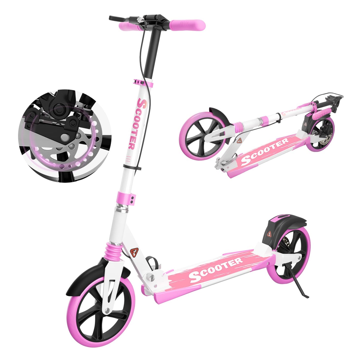 MEE GOO foldable scooter in pink with disc brake, dual shock absorbers, and non-slip deck, featuring 200mm PU wheels.