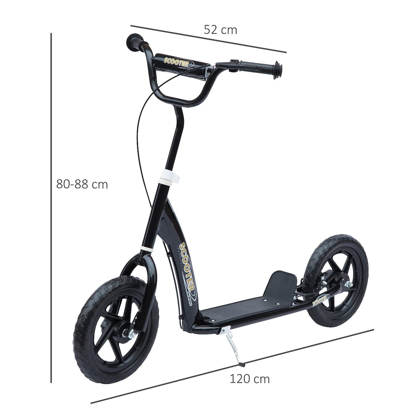 HOMCOM kids scooter with adjustable handlebar, 12" EVA tyres, and rear brake, suitable for ages 5-12, in black color.