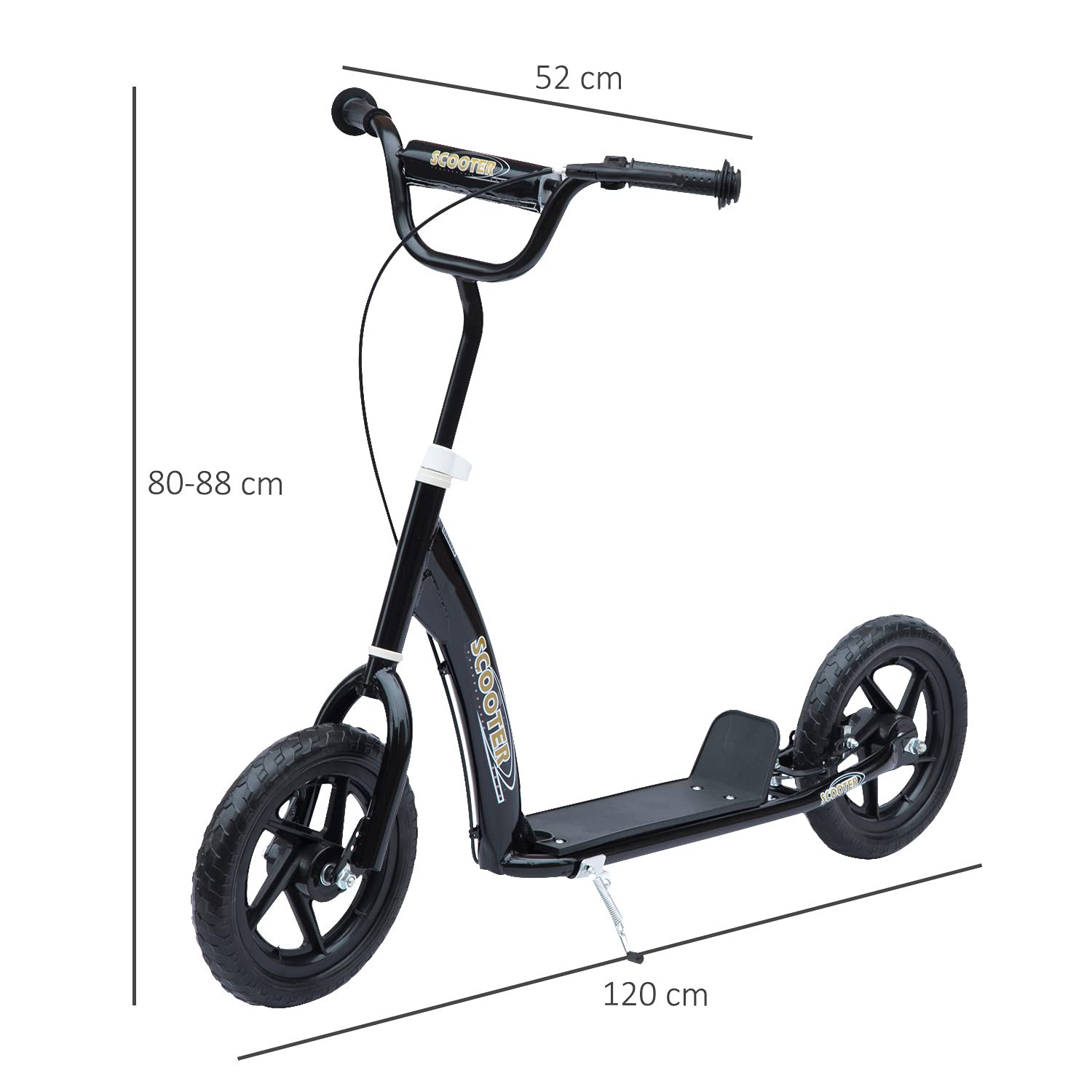 HOMCOM kids scooter with adjustable handlebar, 12" EVA tyres, and rear brake, suitable for ages 5-12, in black color.