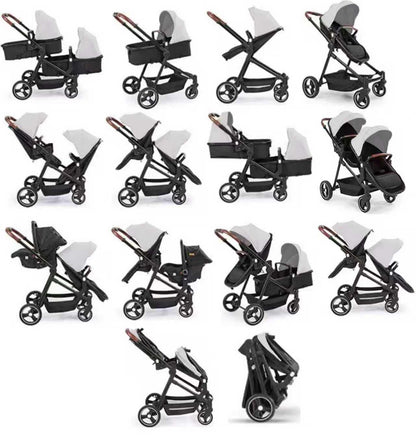 Rexhan Twin 4 in 1 Reversible Travel System, Foldable Double Baby Buggy, Twin Toddler Pram, Pushchair, Tandem All in One Stroller, Lightweight, Portable Baby Carriage, Newborn 0-4 Year, Aluminium