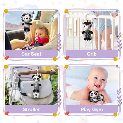 Aolso baby pram pushchair toys set with black and white hanging panda, lion, and fox teether and sensory educational toys for newborns