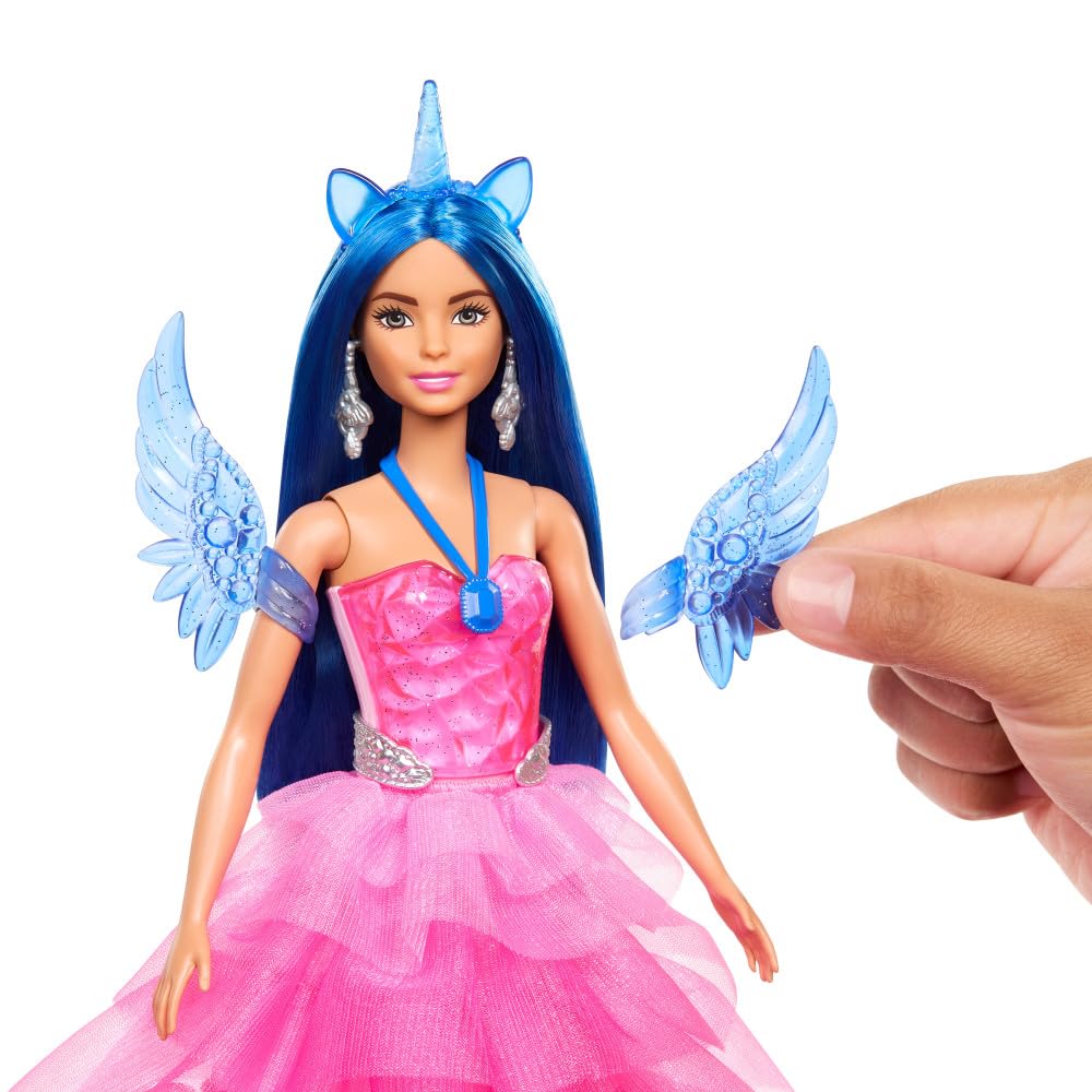 Barbie 65th Anniversary Unicorn Doll with blue hair, pink gown, sapphire wings, and pet alicorn on display.