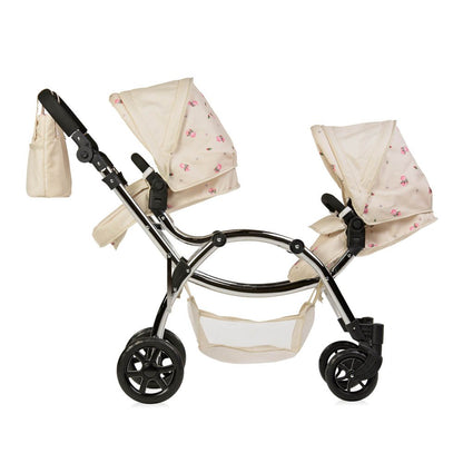 Roma Darcie Twin Cream Dolls Pram - Adjustable Handle Dolls Pushchair for Reborn Dolls, Double Dolls Pram with 16 Combinations, Bag & Shopping Basket - Ideal for Ages 3-16