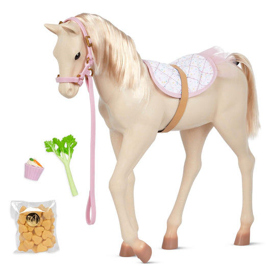 Our Generation Palomino Party Foal with birthday treats and 5-piece accessory set, featuring a cute baby horse doll.