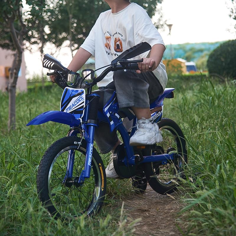 BSTSEL 16"/18"/20" Kids Bike Boys Motocross Bike Dazzling Motorcycle Bike Simulated Motorbike Sound Boys Bicycle Gift with Removable Stabilisers Wheels for Ages 4-12 Years Old (Blue, 16 inch Wheels)