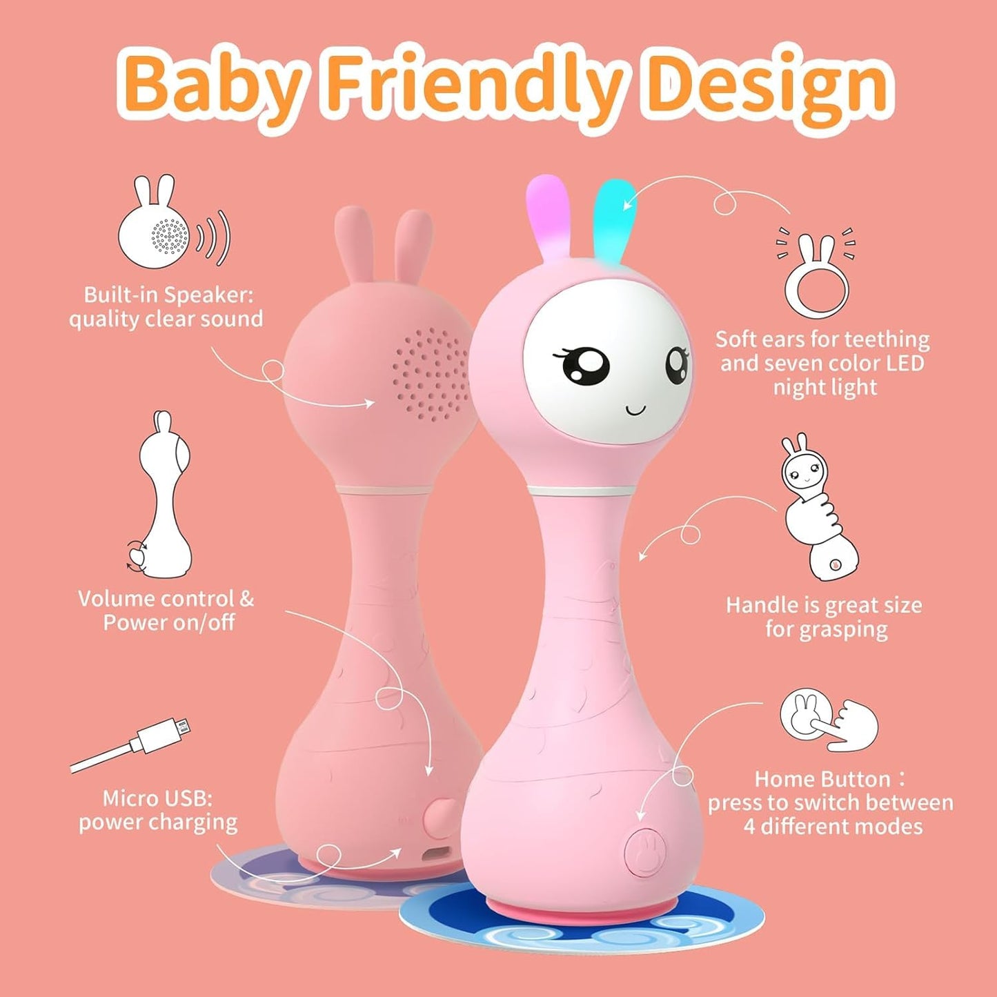 Pink Alilo Smarty Bunny baby rattle with musical light-up features, sensory toys for infants, teething, and color recognition for 0-12 months.