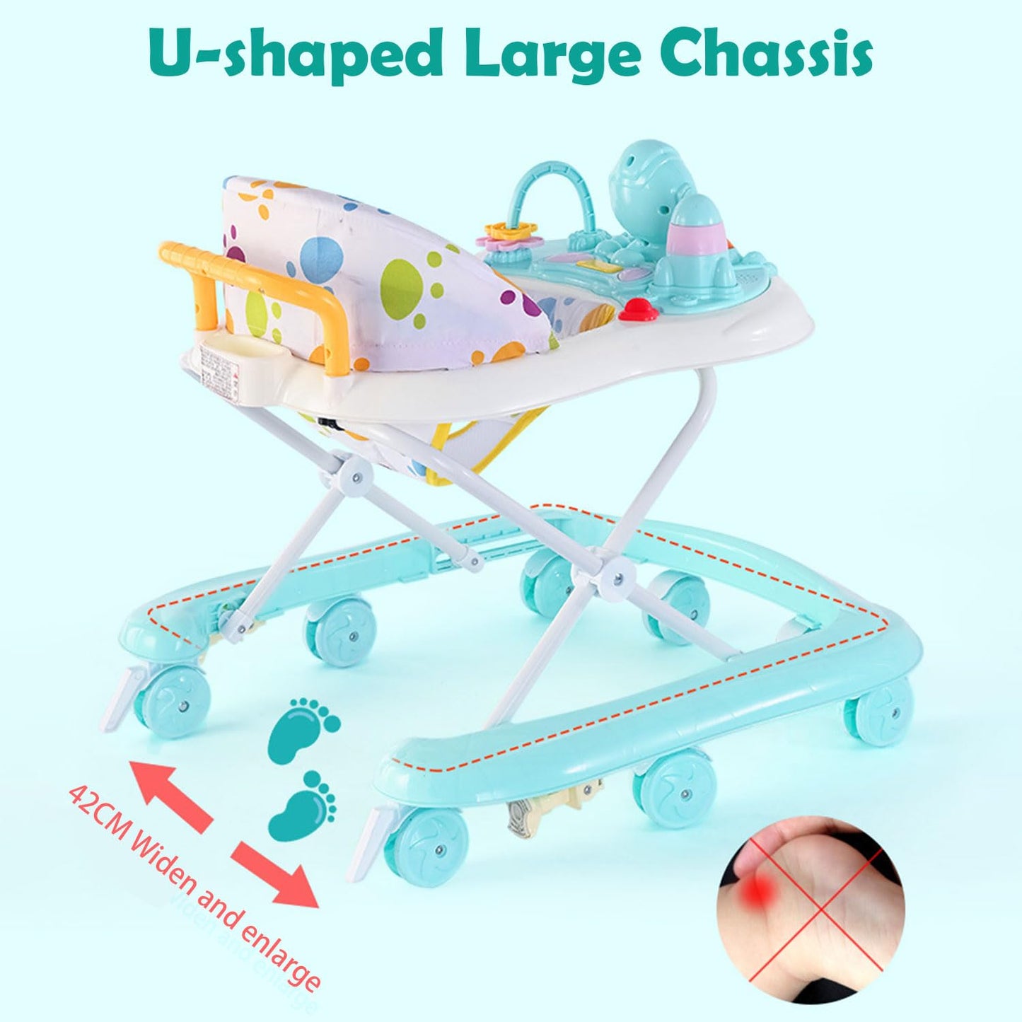 Ccarzzi baby walker with foldable design, music, toys, food tray, adjustable heights, and removable seat cushion for infants 6-18 months