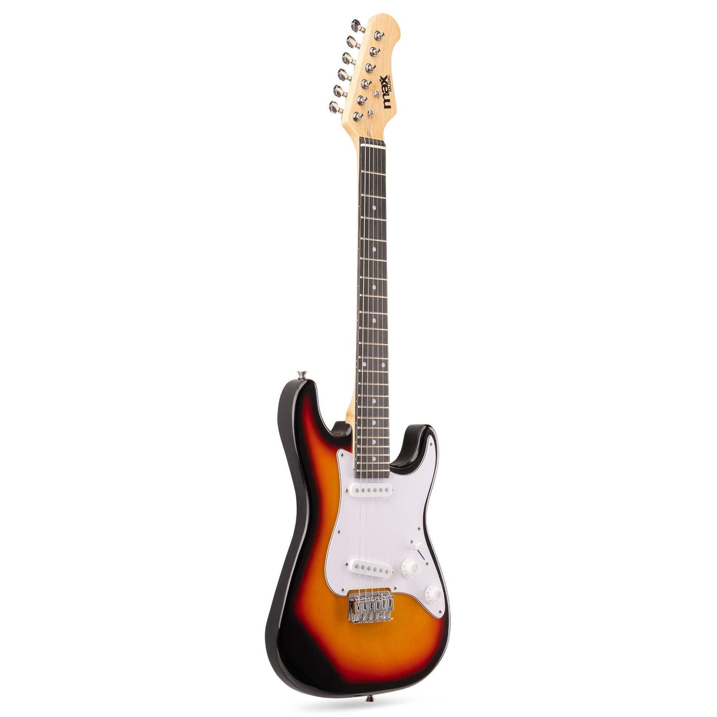 MAX GigKit Junior electric guitar starter pack in sunburst finish with 20W amplifier, case, tuner, strings, picks, and strap for kids.