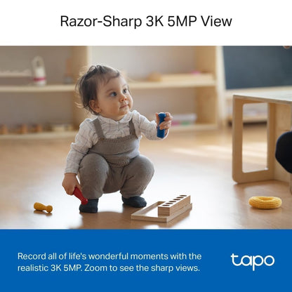 Tapo C230 5MP indoor security camera with pan/tilt, night vision, two-way audio, AI detection for persons, pets, and babies.