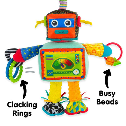 LAMAZE Rusty the Robot clip-on baby toy with sensory features for newborns, suitable for prams and pushchairs.