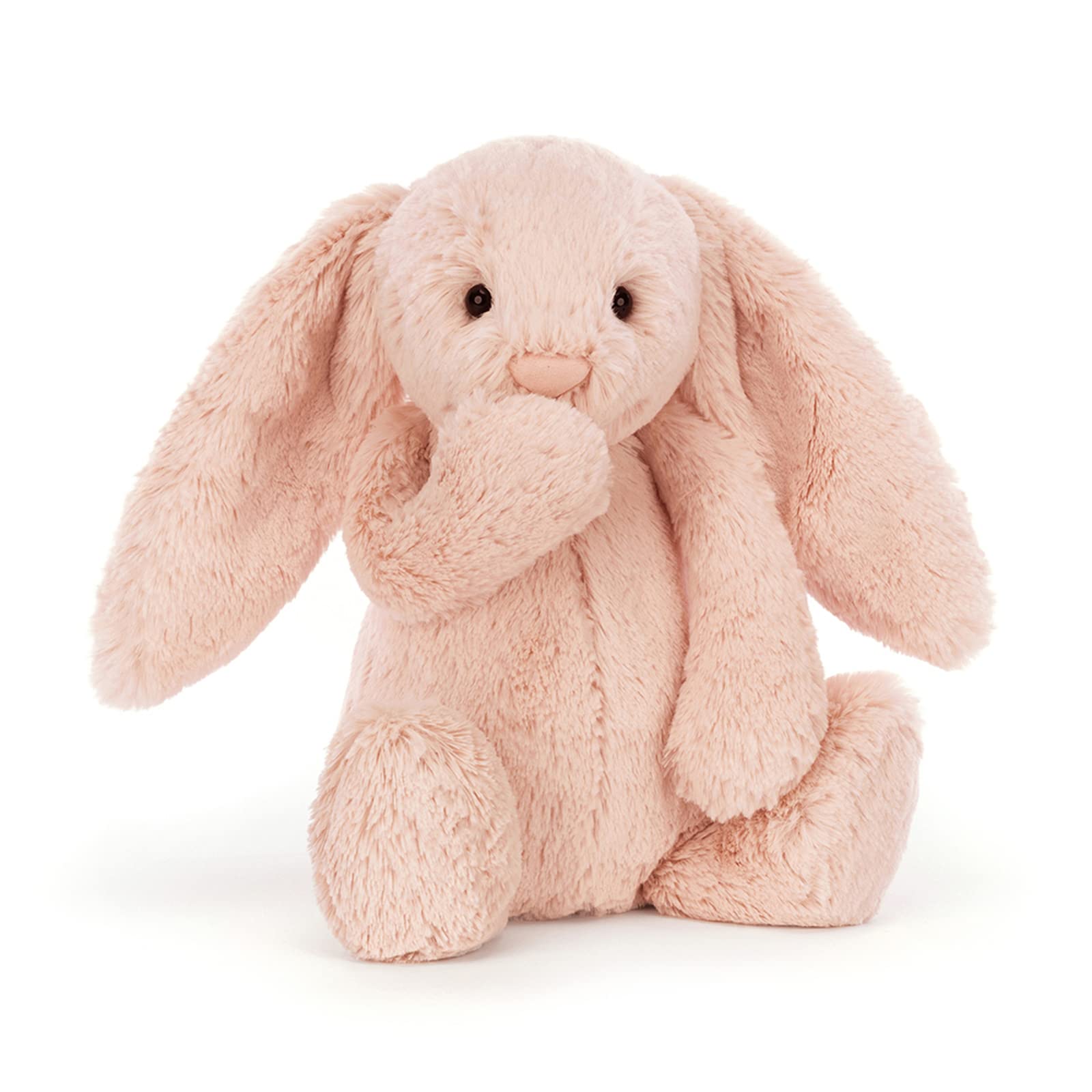 Bashful Blush Bunny plush toy by Jellycat, featuring soft pink fur and floppy ears, sitting on a white background.