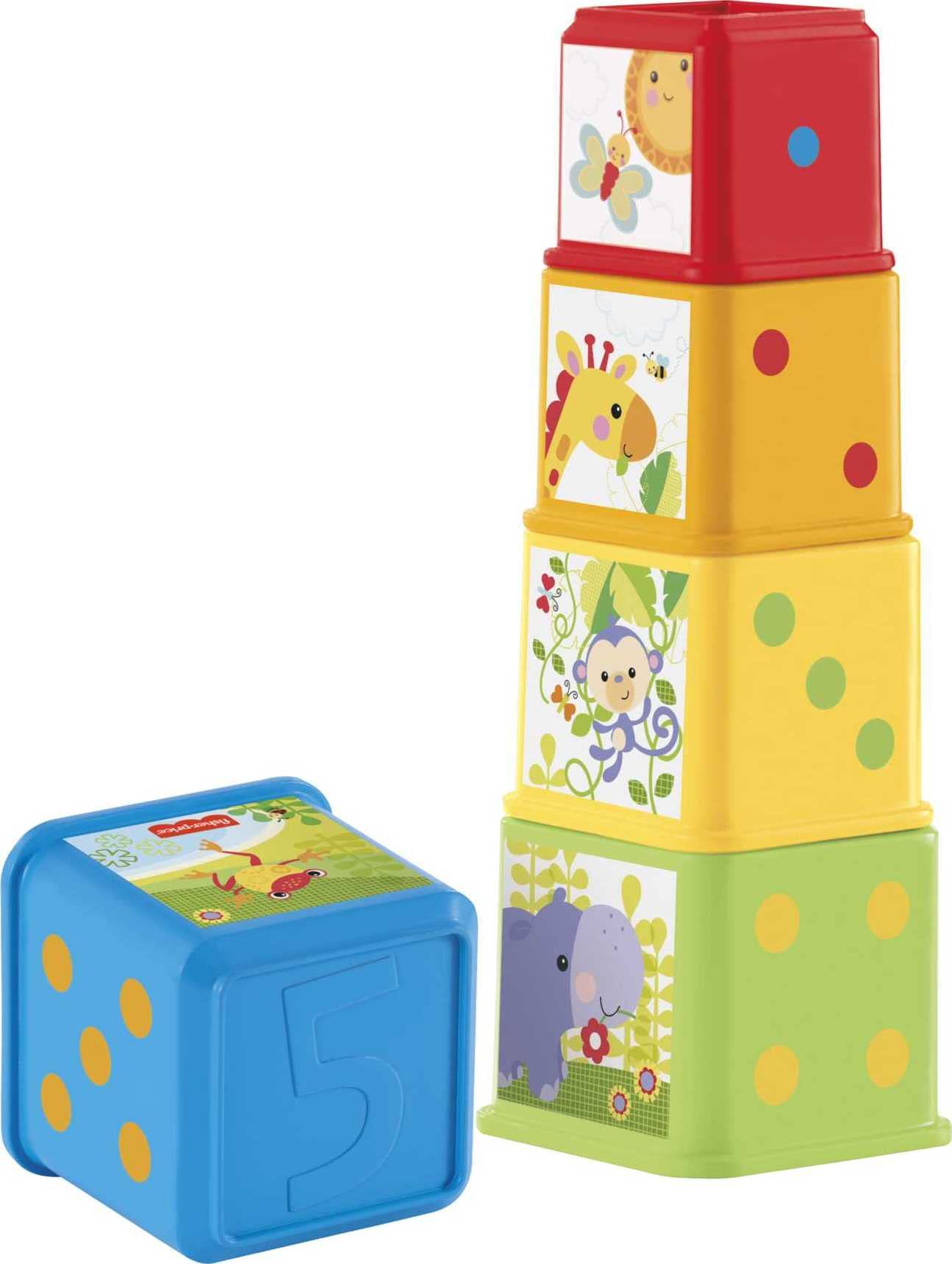 Fisher-Price Stack & Explore Blocks, Set of 5, Baby Stacking and Nesting Toys, for Infants Ages 6 Months and up, CDC52