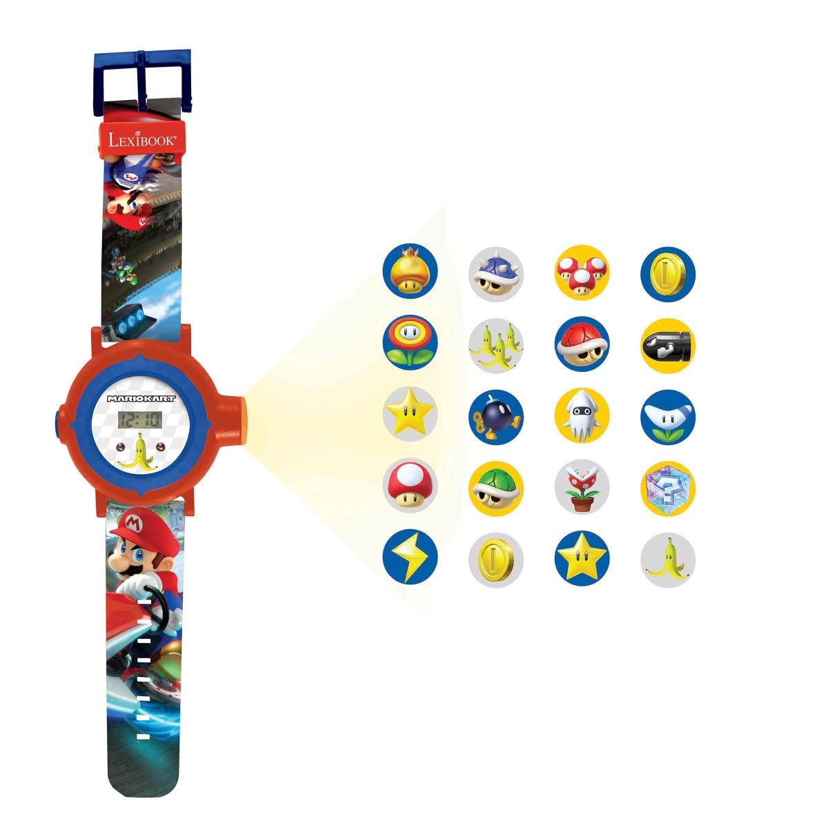 LEXIBOOK Nintendo Mario Kart projection watch for children, featuring a digital screen with Mario Kart images in red and blue.