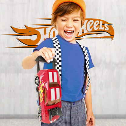 Hot Wheels Race N' Haul car storage case with retractable handle, holding up to 15 cars, shown in an open position.