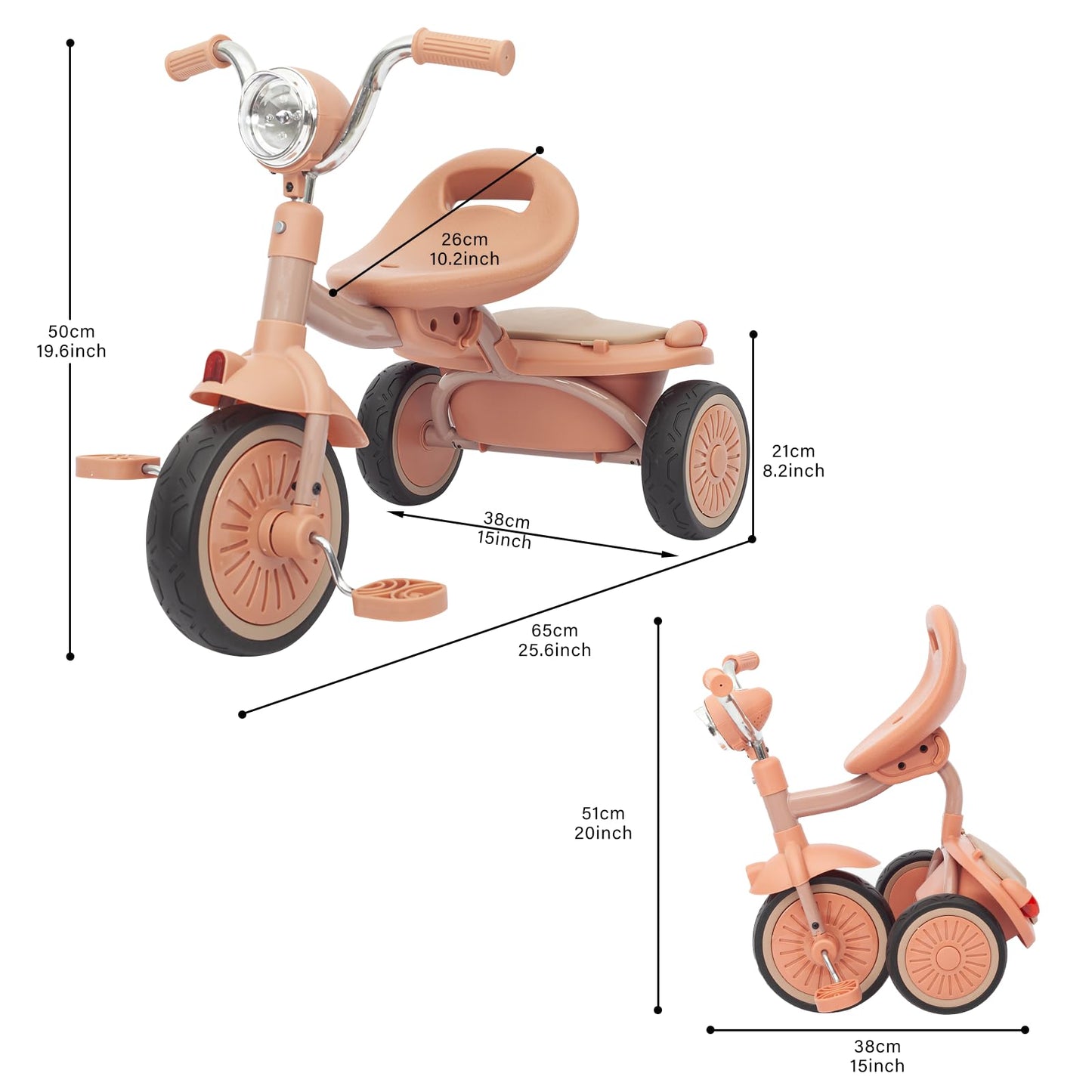 UBRAVOO Baby Tricycle, Foldable Toddler Trike with Pedals, Cool Lights, Durable Wheels and Comfortable Seat, Baby First Walker Trike for 1-5 Years Old Girls, Boys (Pink-black)