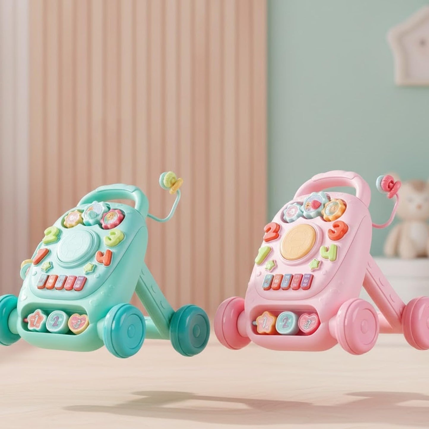 Blue PEBBLE HUG baby learning walker with interactive lights, music, and a sit-to-stand design for boys and girls.