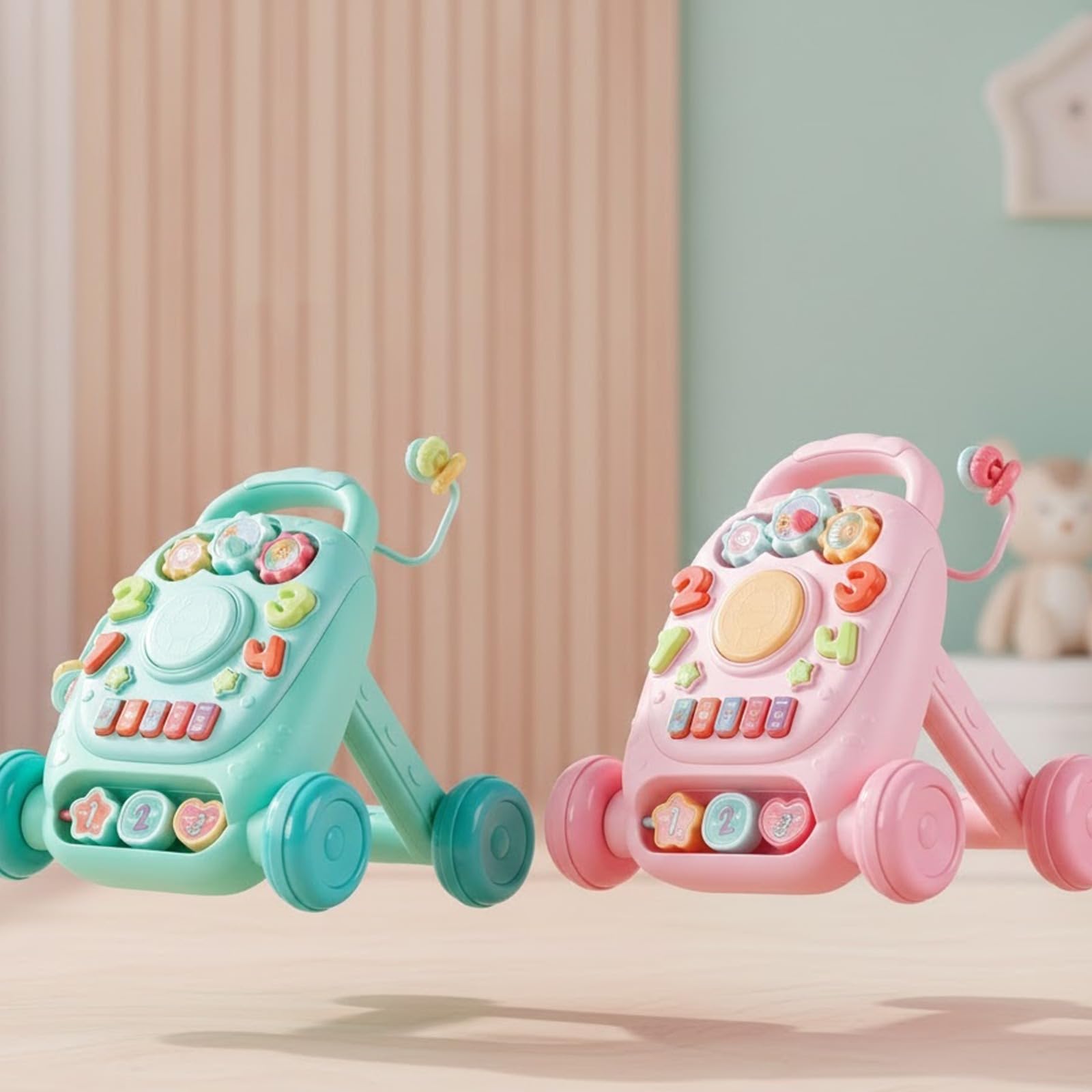 Blue PEBBLE HUG baby learning walker with interactive lights, music, and a sit-to-stand design for boys and girls.