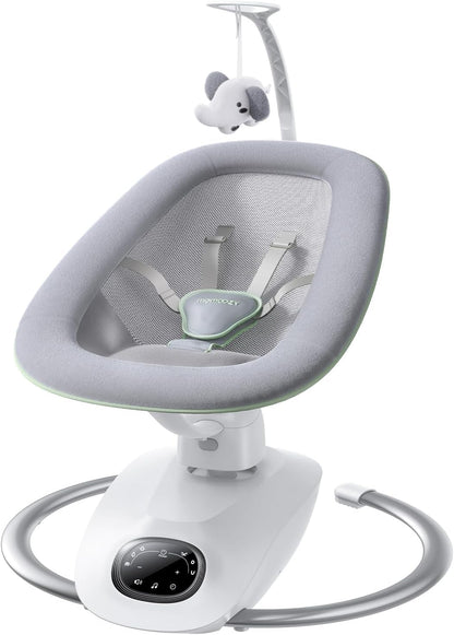 Momcozy CocoSway baby swing for infants and toddlers, electric 3D-motion swing with remote, lullabies, and adjustable speeds.