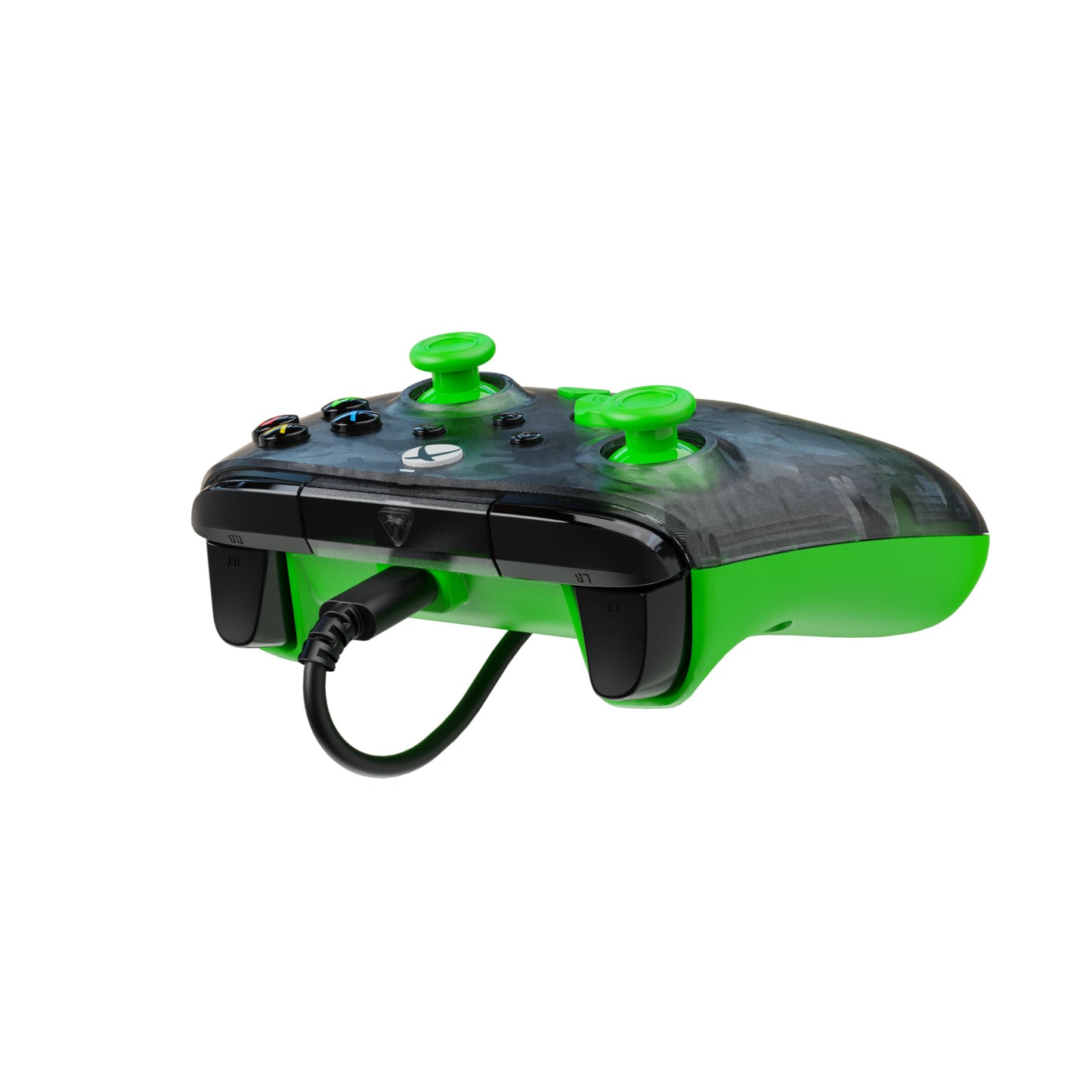 Turtle Beach Rematch Core wired gaming controller with green and black camo design, audio controls, rumble motors, and impulse triggers.