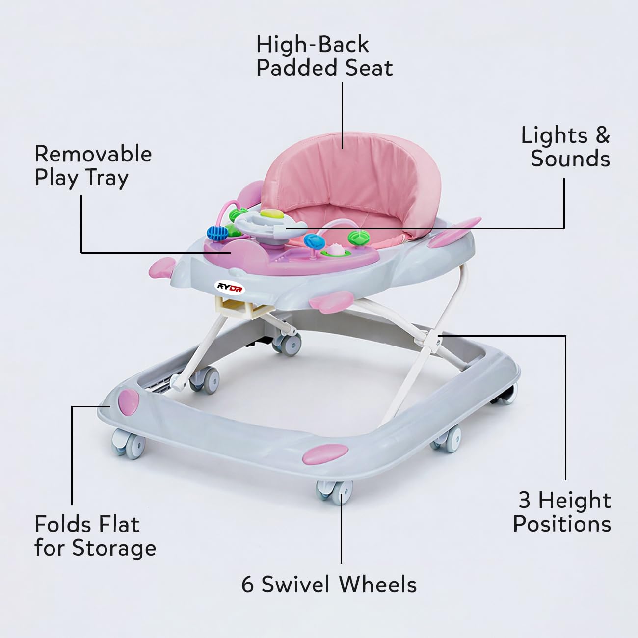 Pink RYDR 101 baby walker with wheels, foldable, adjustable height, featuring interactive lights and sounds for toddlers 6-12 months.