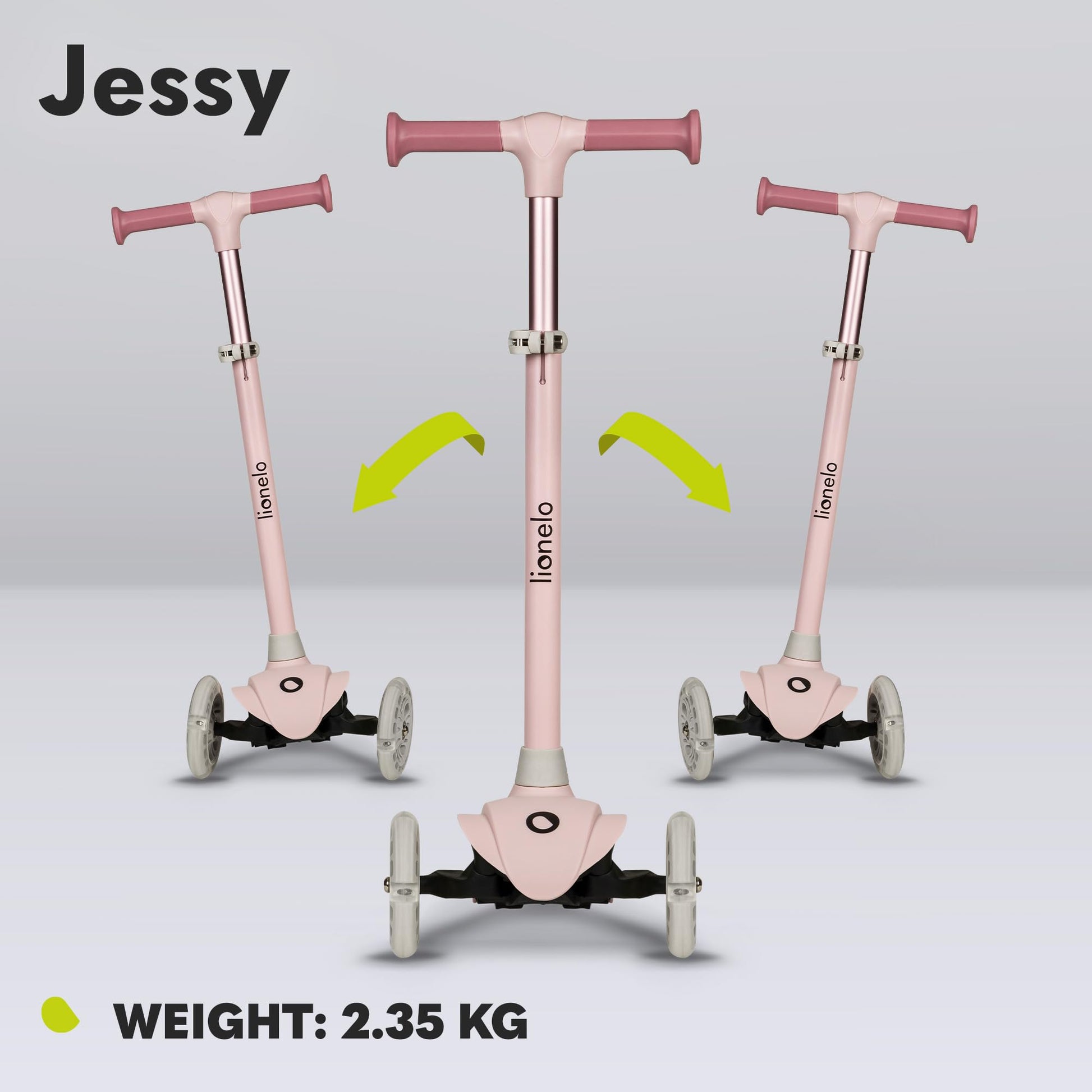 LIONELO JESSY kids scooter with LED wheels, adjustable height, and non-slip platform for ages 3-5, lightweight design.