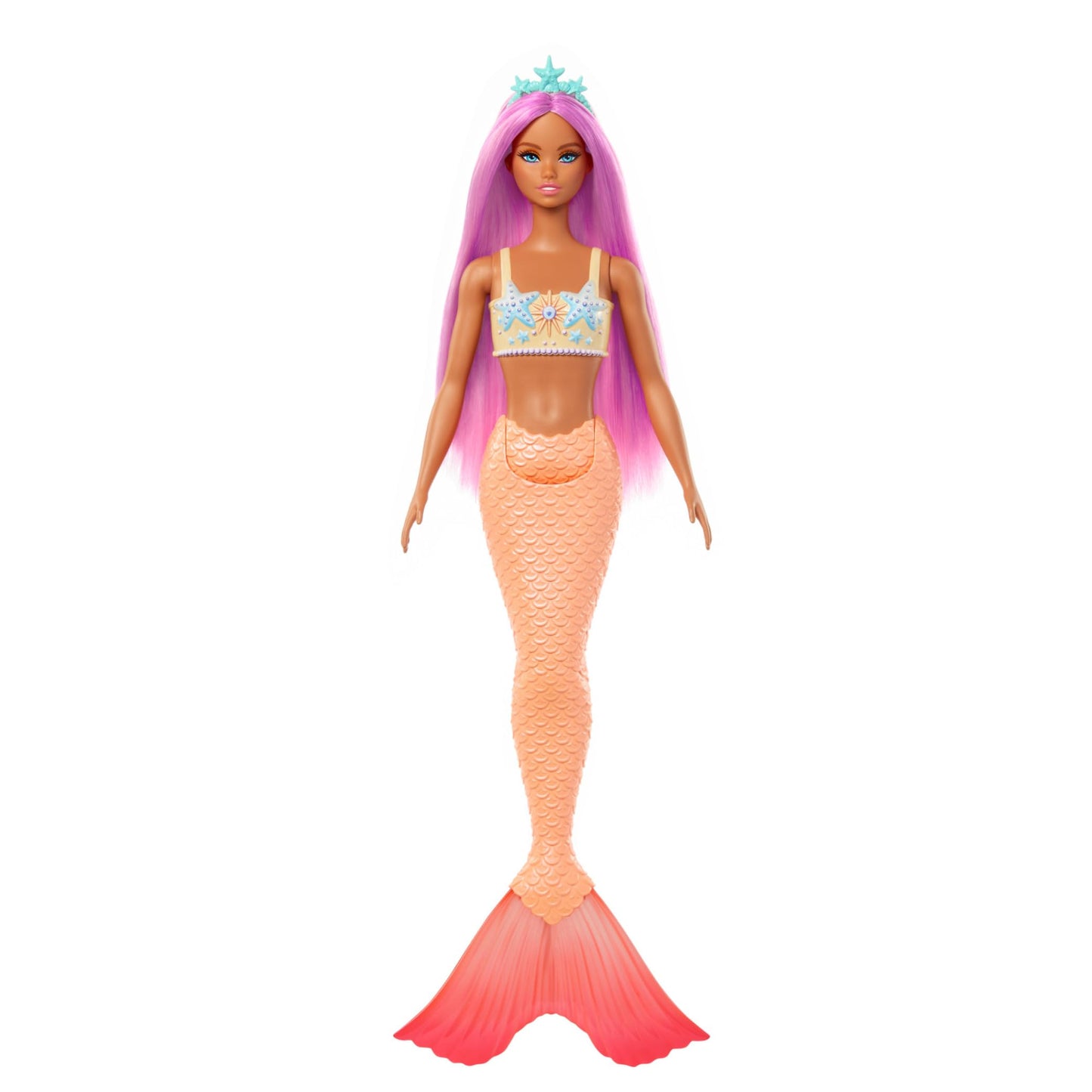 Barbie mermaid doll with pink fantasy hair, starfish bodice, and soft orange tail, wearing a matching headband accessory.