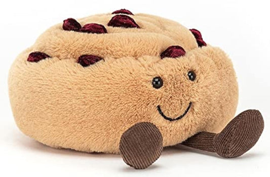 Jellycat Amuseable Pain Au Raisin plush decoration with a smiling face and soft, textured fabric.