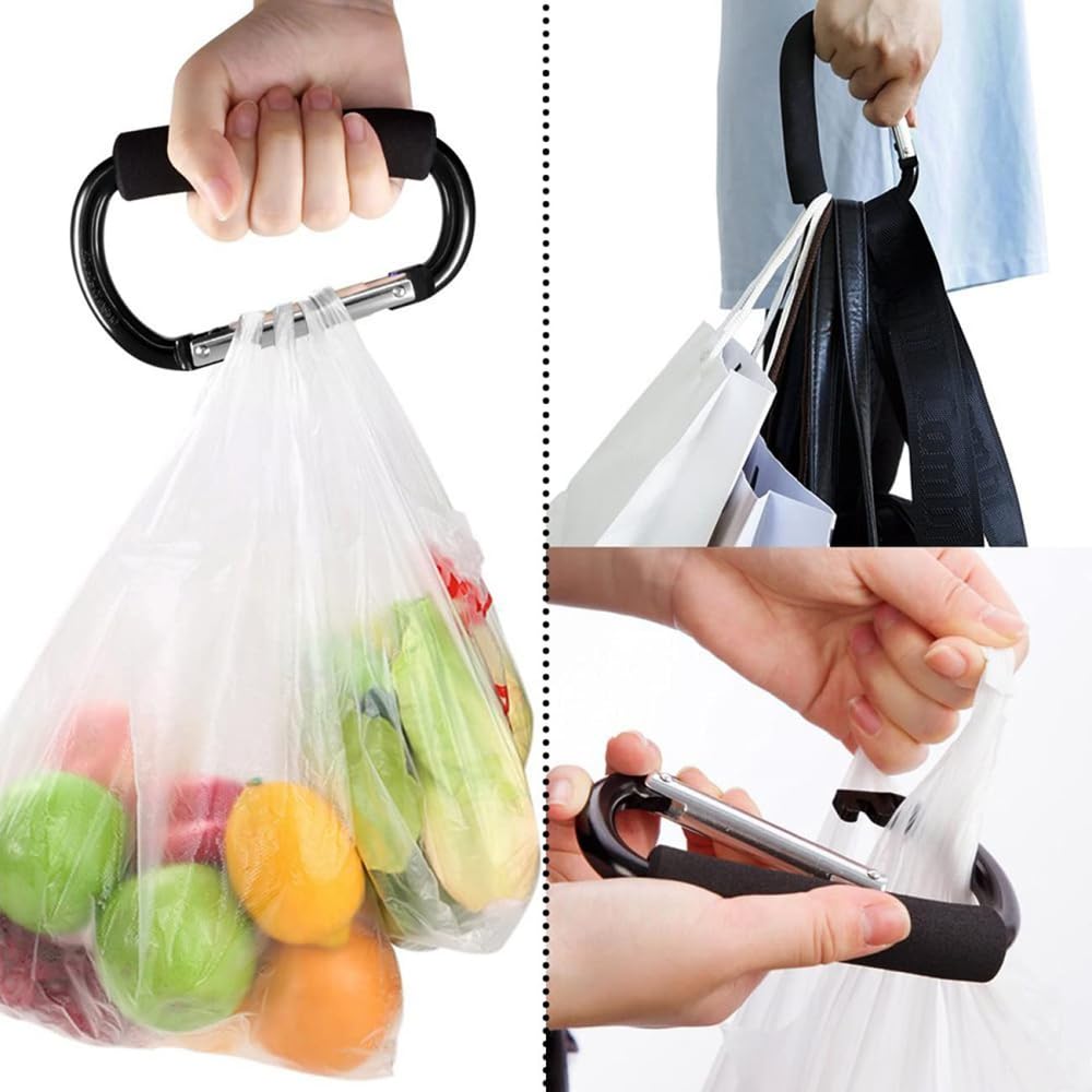 Two black heavy-duty aluminum buggy clips with carabiners attached to a stroller for securing bags and diaper bags.