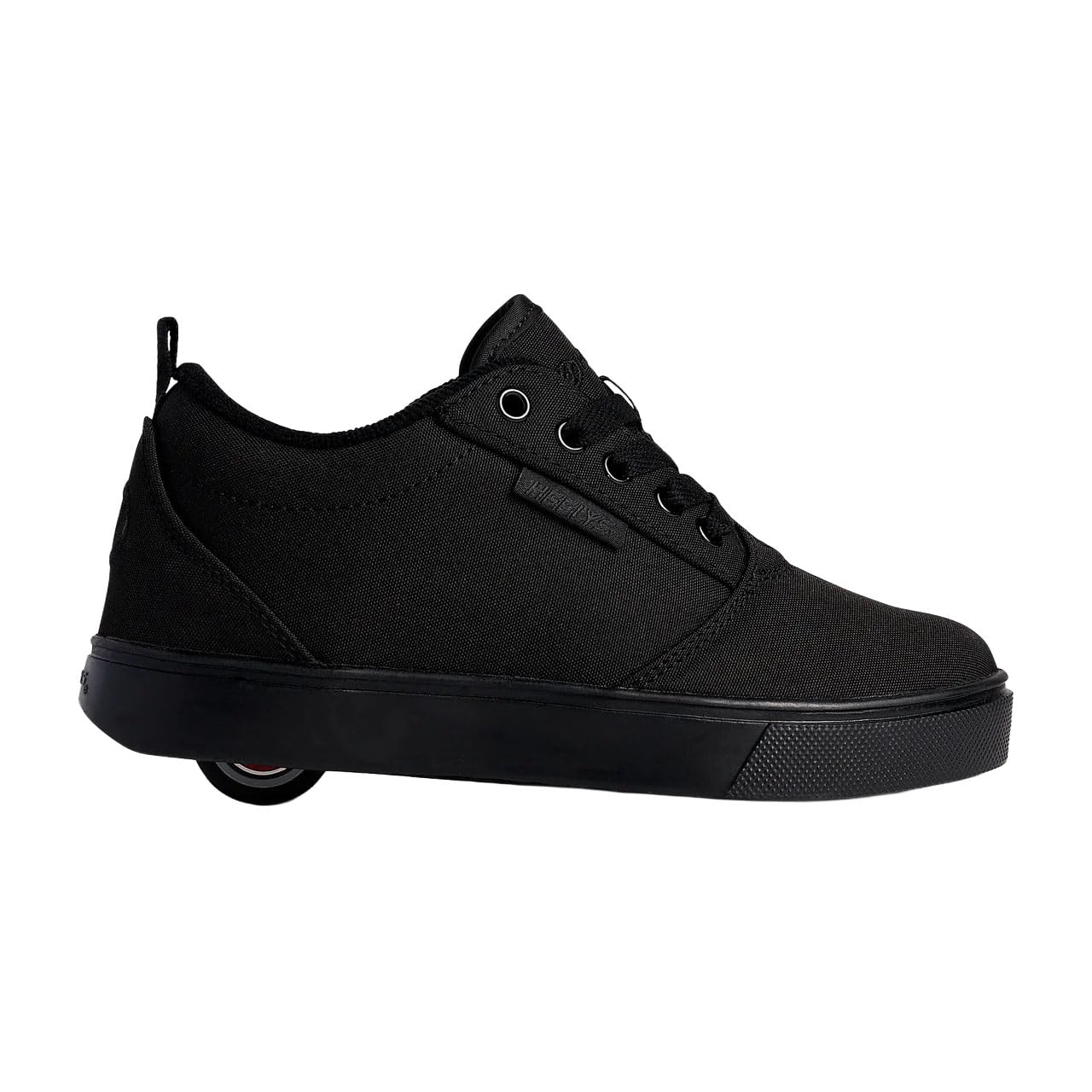 Heelys Unisex Pro 20 skate shoes in black with red accents, featuring a sleek design and wheels in the sole for skating fun.