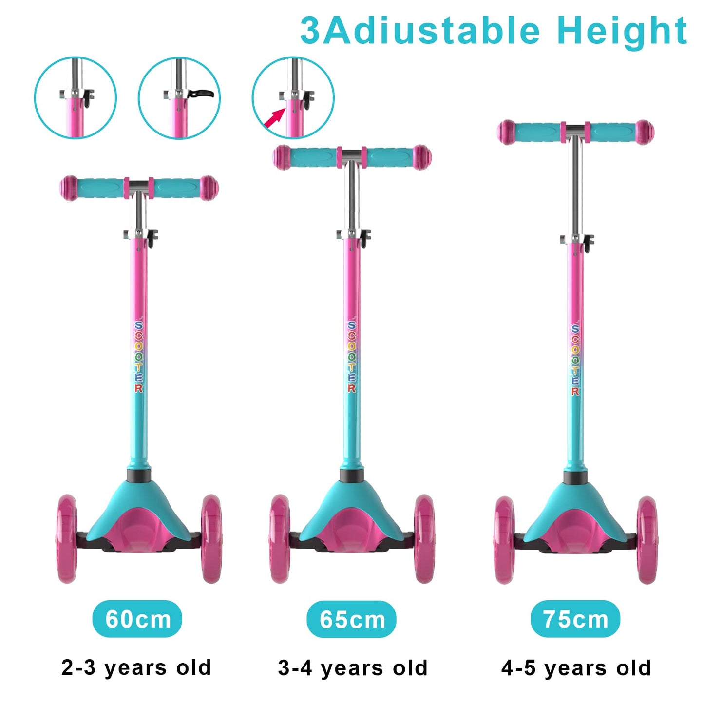 FAYDUDU 3 Wheel Scooter with LED Children's Scooter for Children from 2-5 Years, Adjustable Height (Pink)