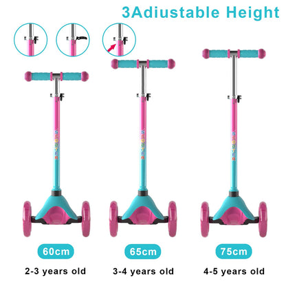 FAYDUDU 3 Wheel Scooter with LED Children's Scooter for Children from 2-5 Years, Adjustable Height (Pink)