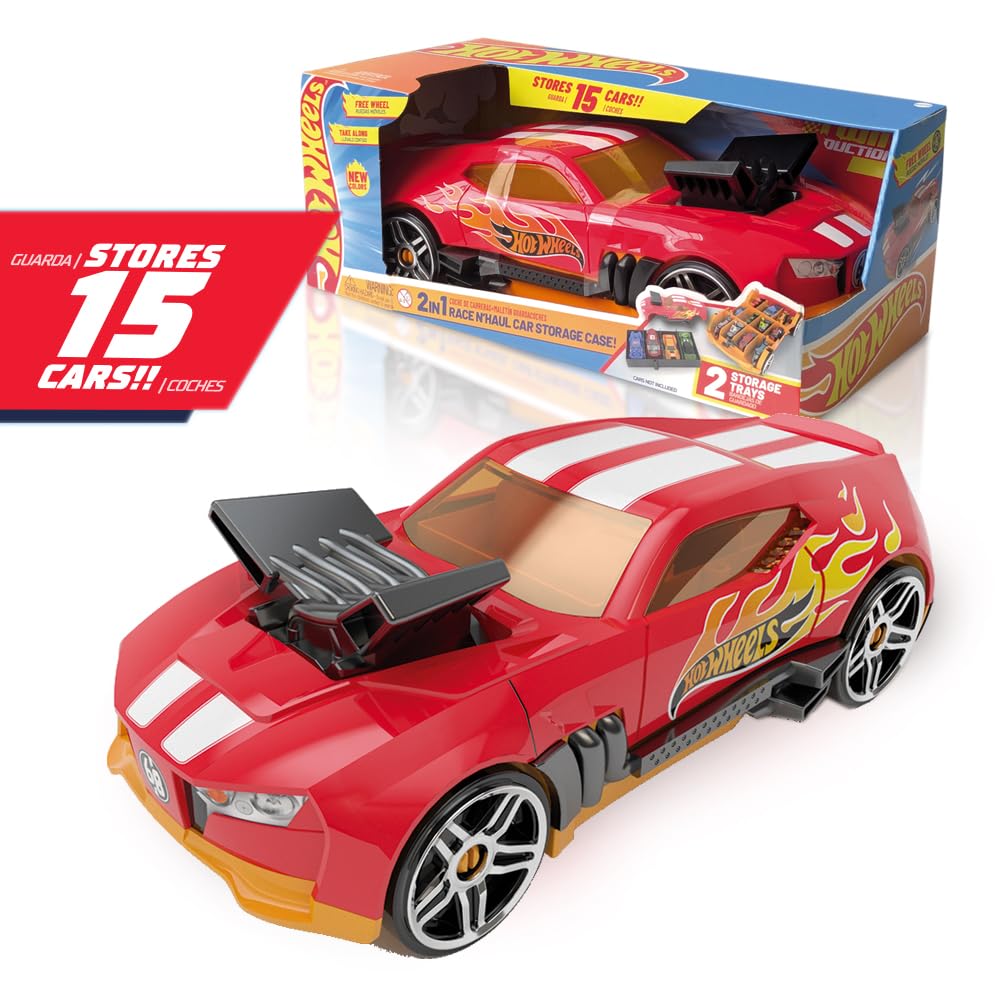 Hot Wheels 2in1 Race N' Haul car storage case with retractable handle, designed to hold up to 15 toy cars.
