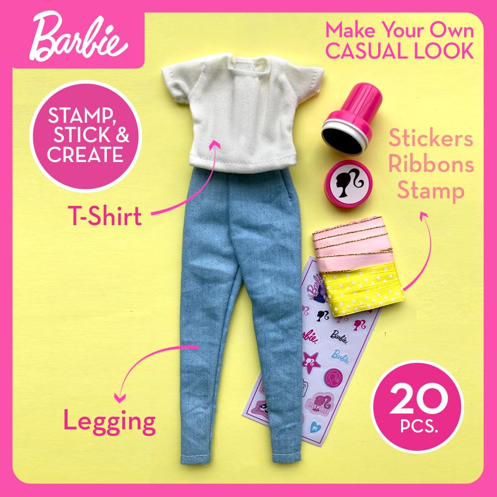 Barbie DIY Fashion Designer Set with T-shirt, leggings, stickers, ribbons, and stamp for creative kids' fashion play.