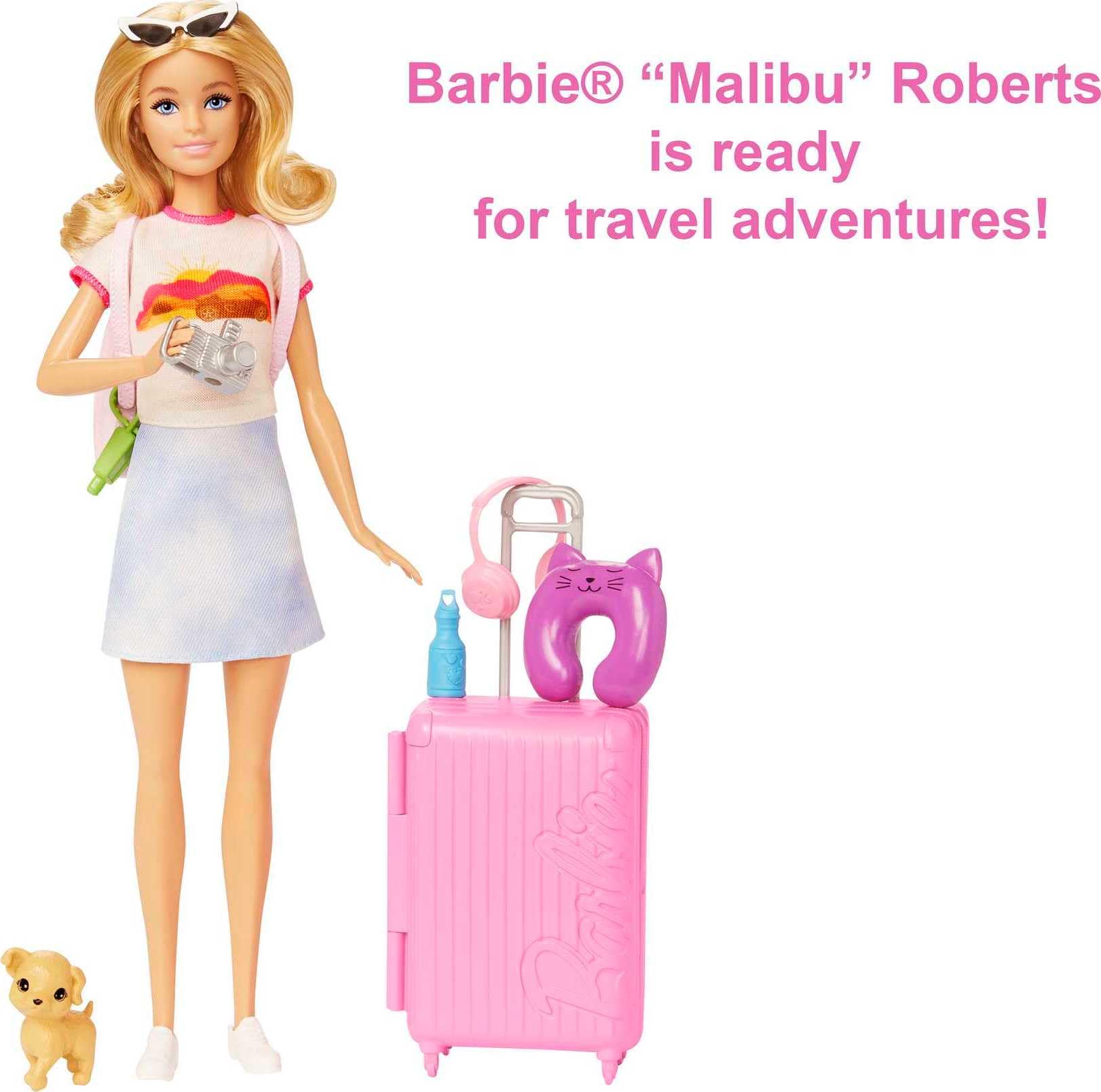 Barbie Malibu doll with blonde hair in travel set, featuring suitcase, puppy, and 10+ accessories for imaginative play.