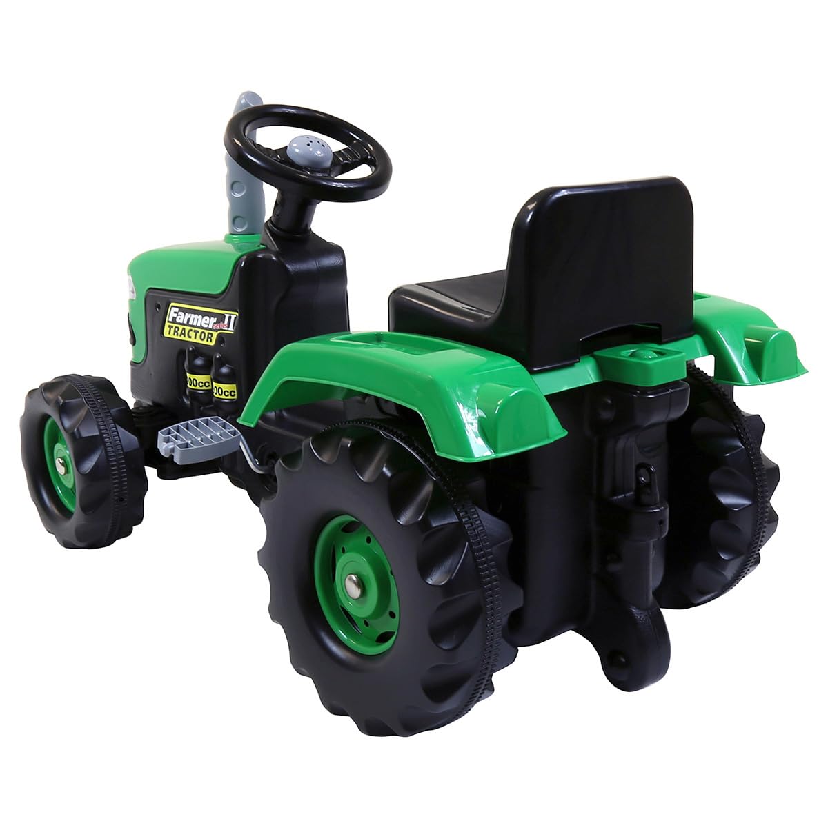 Dolu 8053 children's green and black ride-on tractor with trailer, working horns, and pedal control for kids aged 3 to 5.