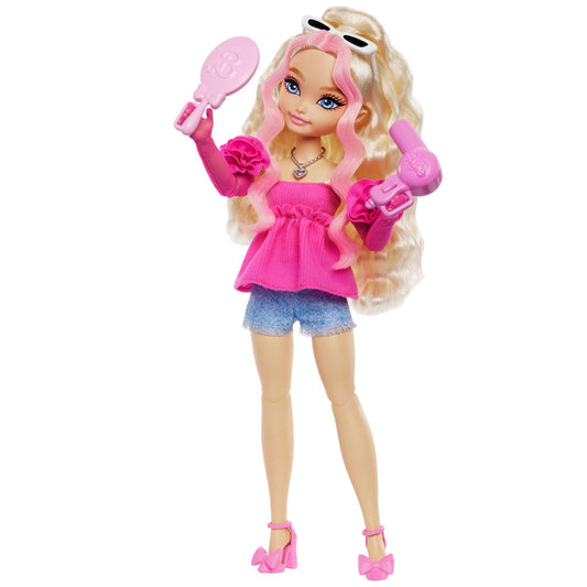 Barbie Malibu posable fashion doll with wavy blonde hair and 11 makeup and hair-themed accessories in playset.