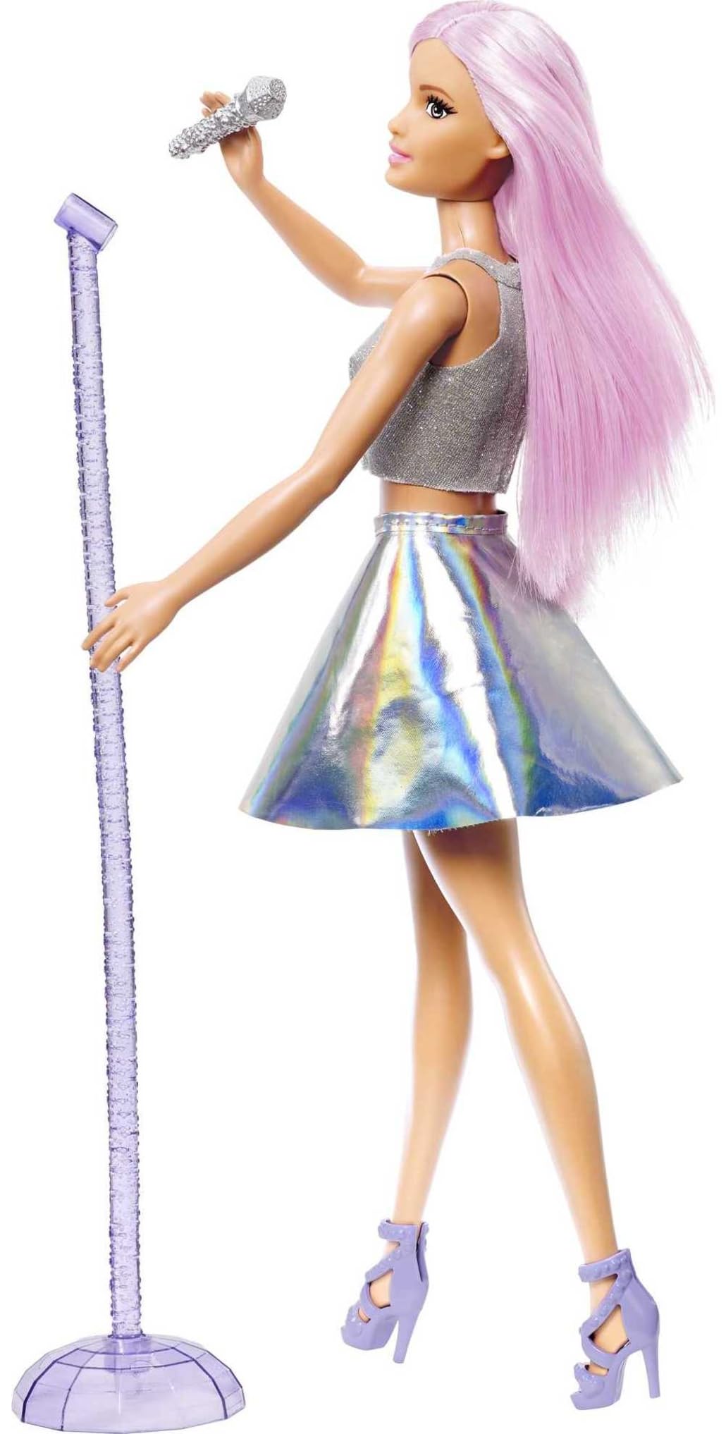 Barbie Pop Star Doll with pink hair, iridescent skirt, and microphone, perfect for imaginative play and gifts for kids.