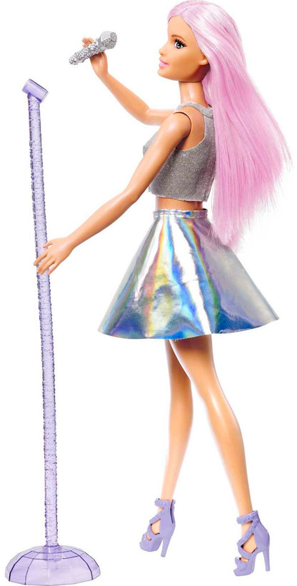Barbie Pop Star Doll with pink hair, iridescent skirt, and microphone, perfect for imaginative play and gifts for kids.