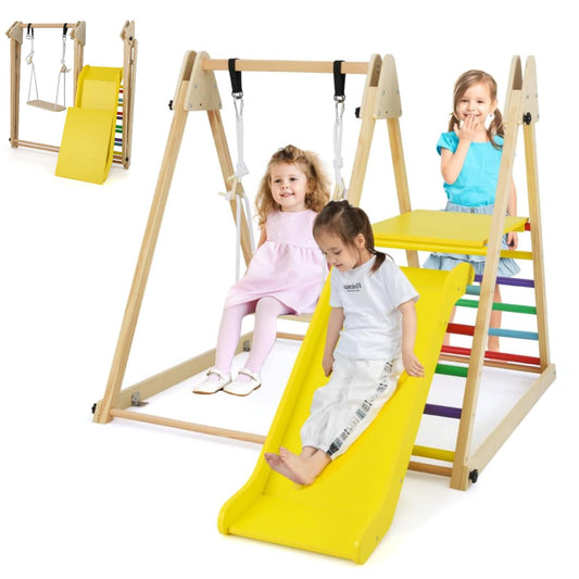 Maxmass 3-in-1 Kids Climbing Frame, Wooden Children Climber Playset with Swing, Slide and Ladder, Garden Toddler Jungle Gym Playground for Indoor Outdoor (Multicolor)