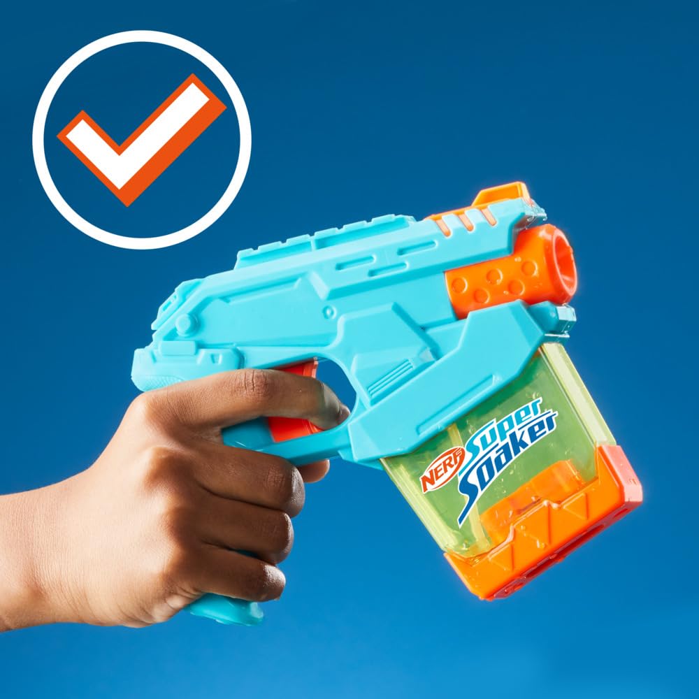 Super Soaker Mini Dunk-Fill water blaster from Nerf, designed for kids aged 6+, shown with colorful water spray and compact design.