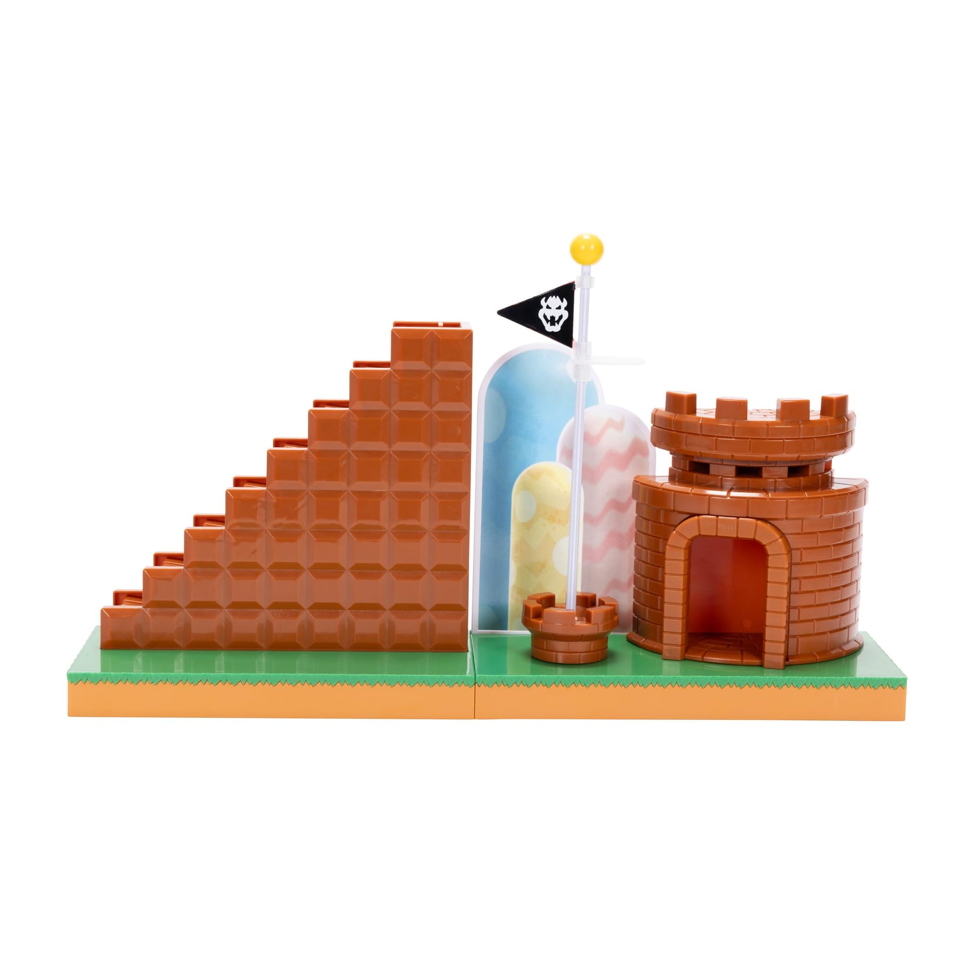 Super Mario 2.5-inch playset by JAKKS Pacific featuring mini Mario, interactive stairs, castle, flagpole, and base platform.