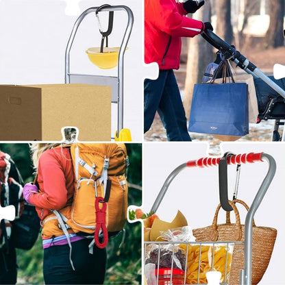Two black heavy-duty aluminum buggy clips with carabiners attached to strollers and diaper bags for easy carrying.